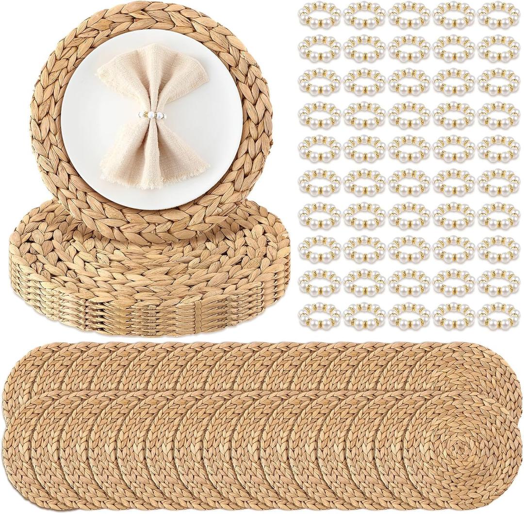 50 Set 13 Inch Round Woven Placemats with Pearl & Rhinestone Napkin Rings