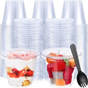 Suclain 200 Pack 8 oz Disposable Plastic Cups with Flat Lid and Sporks Set, Clear Fruit Cups, Plastic Spork, 8oz Containers with Lids and Holes for Food Appetizer Ice Cream Dessert Cold Drink