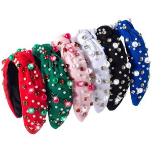 6 Pack Holiday Headband for Women Solid Color Pearl Rhinestone Crystal Halloween Christmas Fall Valentine Embellished Ladies Wide Top Knot Makeup Hair Hoop Accessory Festive Party Costume Decor Gifts