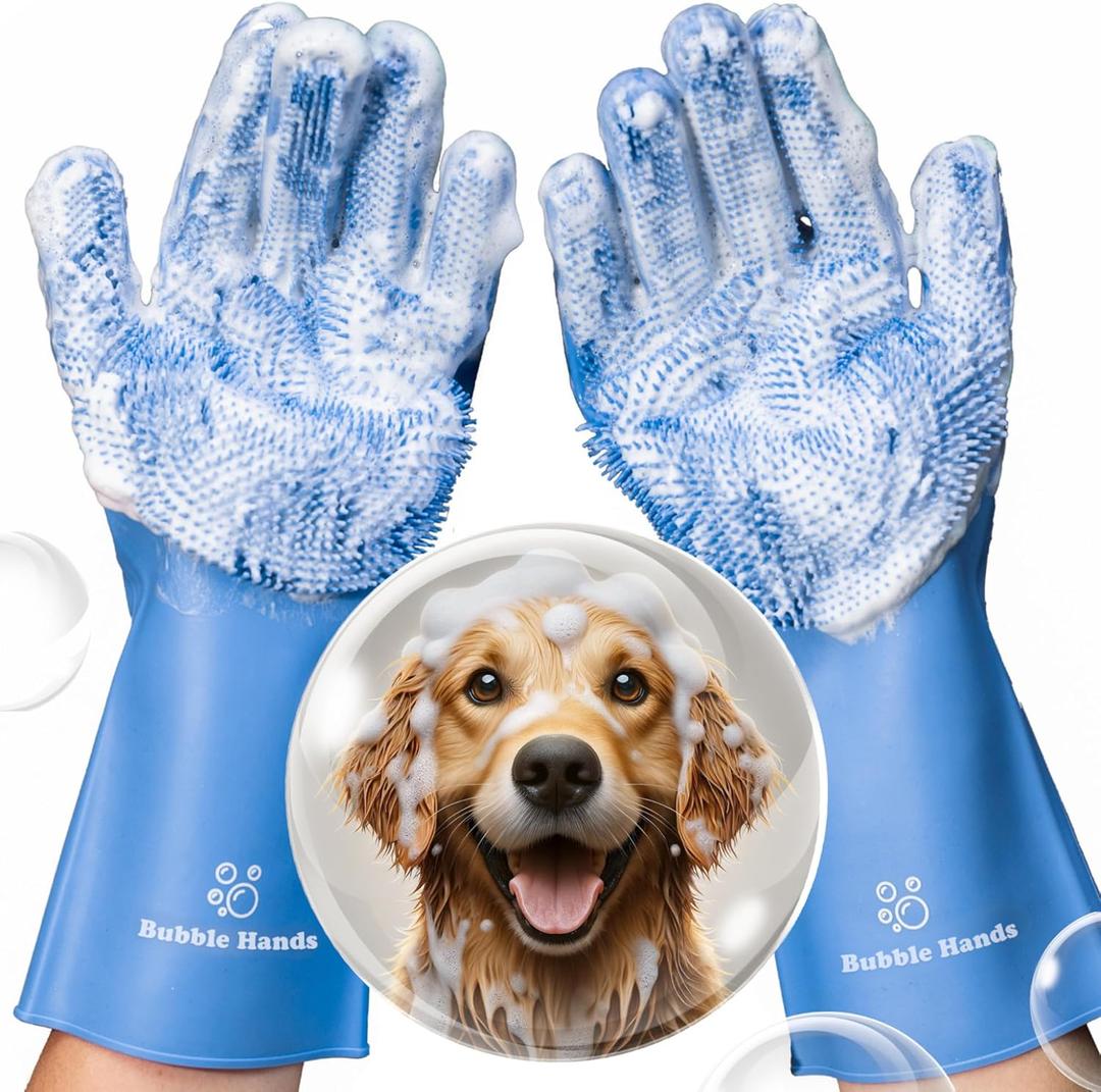 Dog Washing Gloves with Bristle Scrubbers, Reusable Silicone Gloves Ideal for Pet Bathing, Massaging & Grooming (Blue)