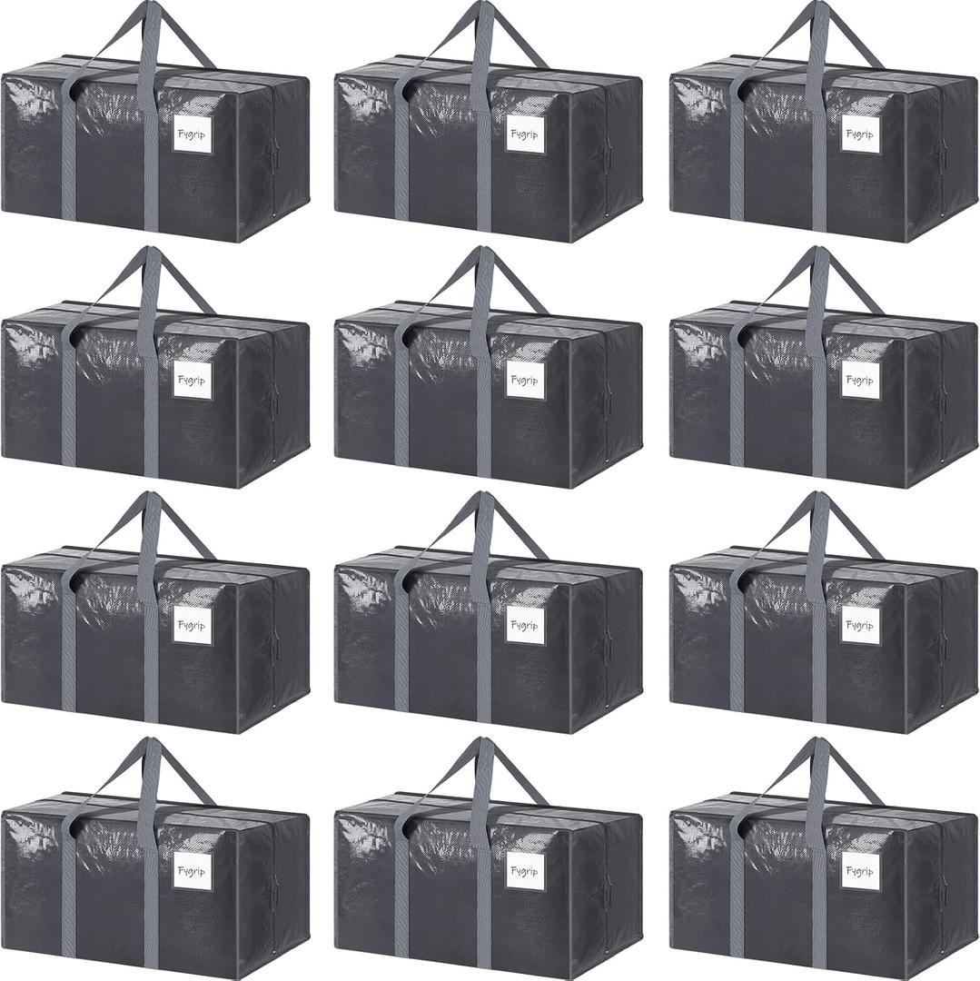 12 Pack Extra Heavy Duty Large Moving Bags with Strong Zipper & Comfortable Handles, Sturdy & Durable Clothes Storage Bags Totes Bins, Packing Moving Boxes for College Supplies, Gray