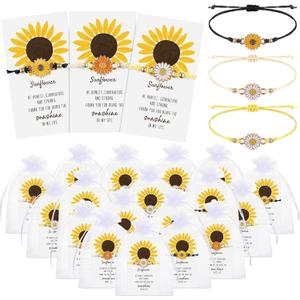 Huquary 36 Set Inspirational Gifts Bulk Sunflower Bracelets for Women Handmade Sunflower Bracelets with Thank You Cards for Friendship Women Coworker Sunshine Party Favors