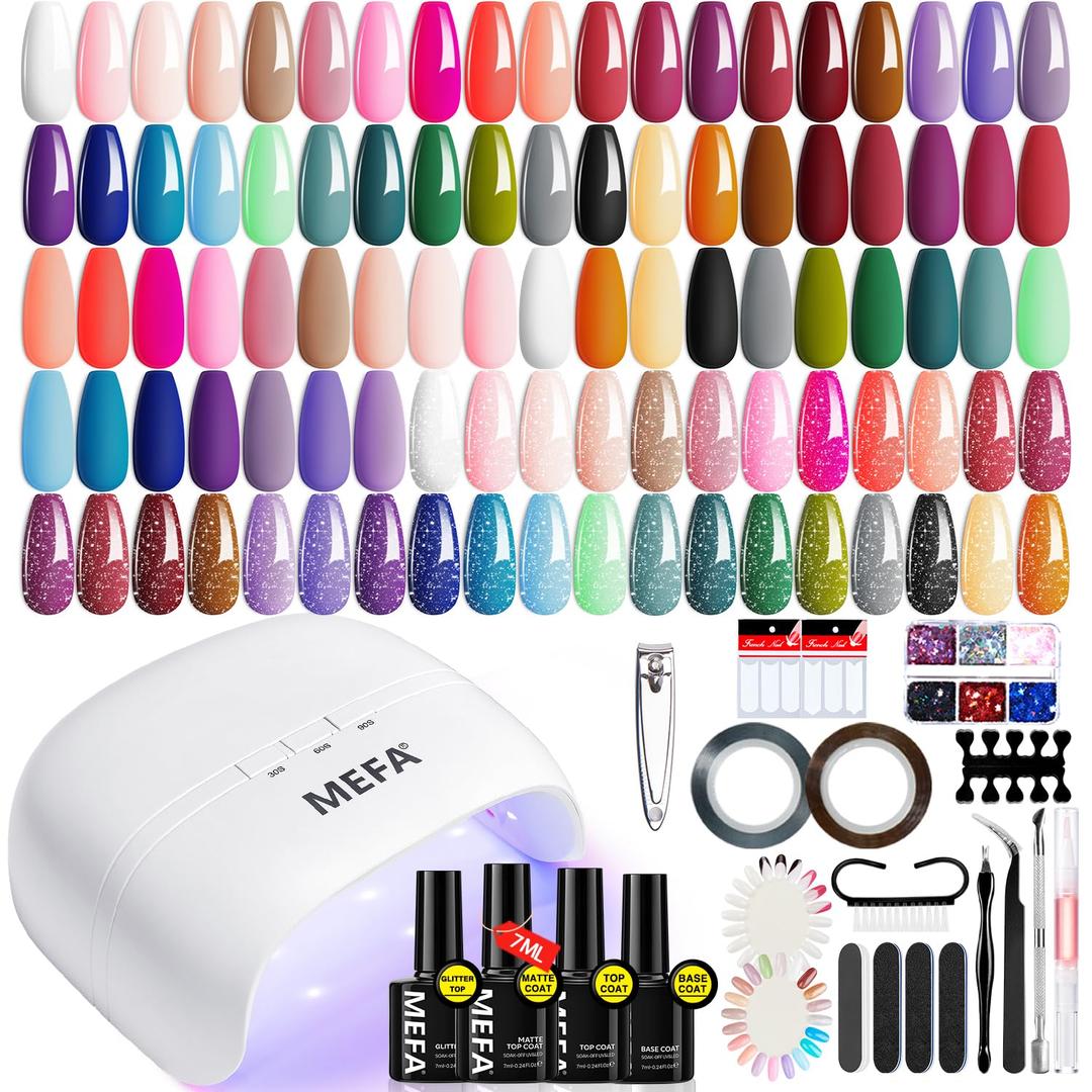 MEFA 56 Pcs Gel Nail Polish Kit with U V Light, 32 Colors Classic Popular Gel Nail Kit Soak Off Nail Polish Set with Base Matte/Glossy Top Coat Nail Art Decorations Manicure Tools DIY Salon Gifts