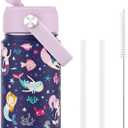 Fimibuke Kids Insulated Water Bottle, 14oz BPA FREE 18/8 Stainless Steel Travel Tumbler Double Wall Vacuum Leak Proof Kids Cup with Straw Metal Water Bottle for School Boys Girls(1 Pack, MERMAID)