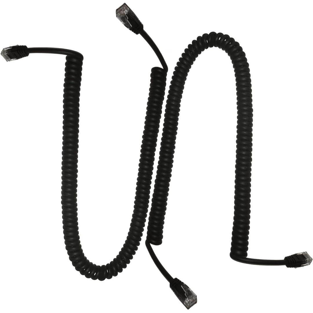 2-Pack Heavy Duty 6P6C Anti-Tangle Telephone Cord, 1.3 ft Coiled RJ12 Male to Male Cable for Landline Phones, 26AWG 6-Conductor with Gold-Plated Contacts, Matte Finish (Black)