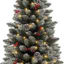 120x28x30 cm Christmas Tree Pre-Lit Artificial Mini Trees with Gold Pot Base, Flocked Snow 70 Warm White Led Lights Pine Cones Red Berries, for Entrances, Home Decorations Holiday Decor