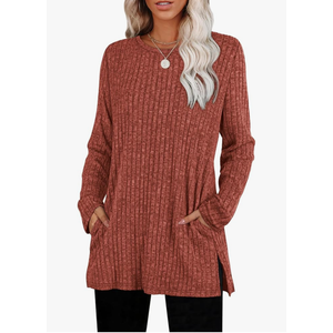 SAMPEEL Womens Sweaters Crewneck Long Sleeve Shirts with Pockets Fall Outfits 2025 Fashion Winter Clothing Side Slit, Size S