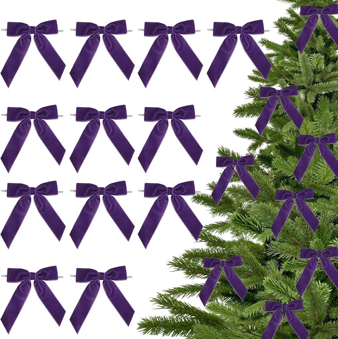 3.5" Purple Pre Tied Bows Velvet Ribbon Bows, Gift Bows for Presents, Ribbon Bows with Twist Ties for Wreaths, Christmas Tree, Treat Bags, Party Decor, Christmas Package Bows-12 Counts
