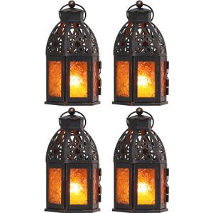 NEEDOMO Set of 4 Moroccan Candle Lantern, 9" Ramadan Lanterns Decorative Indoor Outdoor, Vintage Candle Holder for Chritsmas, Halloween, Table, Patio, Porch, Shelf, Ramadan Decorations (Amber) (Small)