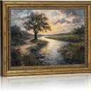 Canvas Wall Art Framed,River Tree Sunset Landscape Painting, Vintage Gold Framed Picture Poster Prints Artwork for Home Wall Decor,12x16 Inch