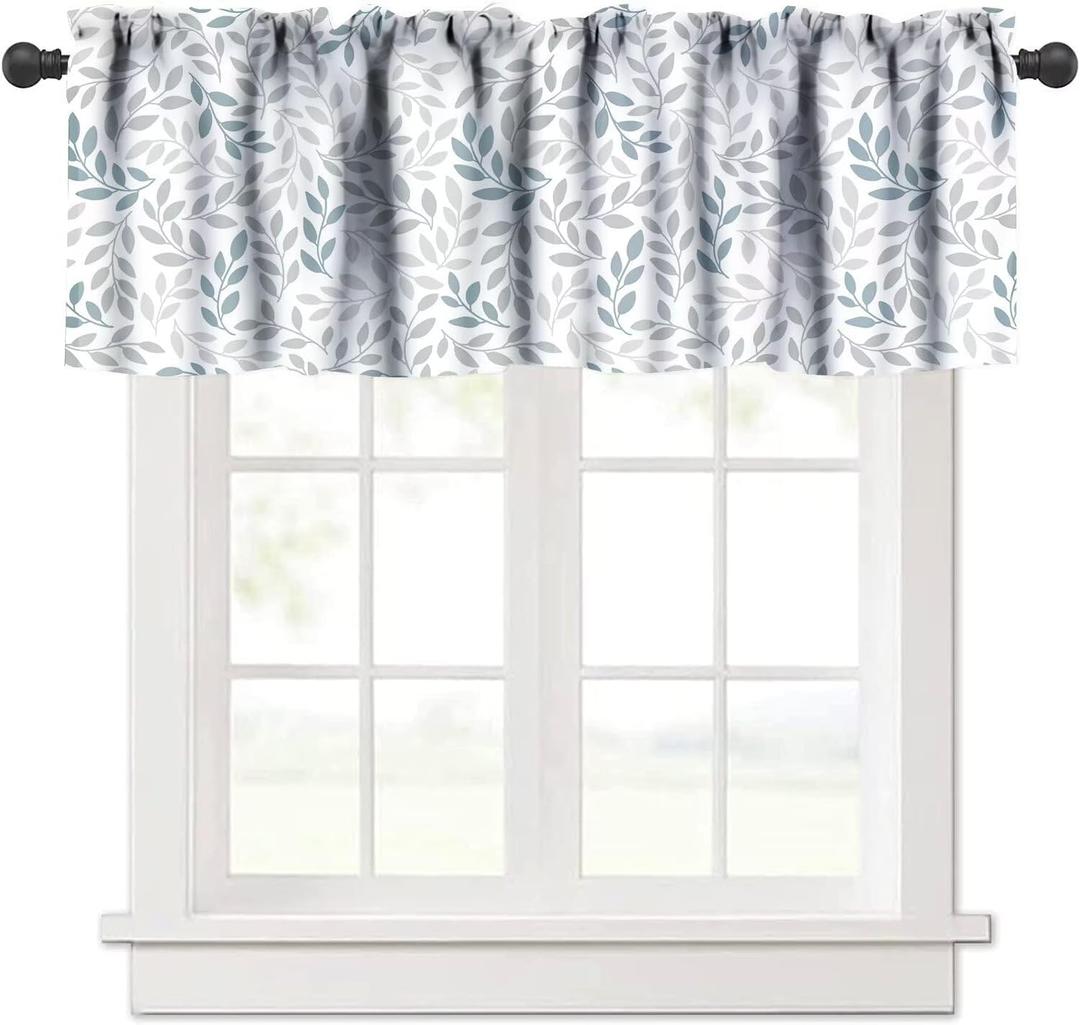 JESTRONRY Teal Grey Leaf Window Valance Curtain, Farmhouse Spring Summer Blue Gray Window Treatment Valances for Bedroom Kitchen Dining Room Decor with Rod Pocket 54x18in