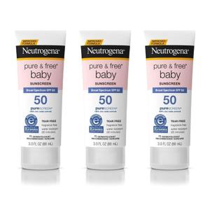 Neutrogena Pure & Free Baby Mineral Sunscreen Lotion with Broad Spectrum SPF 50 & Zinc Oxide, Water-Resistant, Hypoallergenic & Tear-Free Baby Sunscreen, Paraben-Free, Dye-Free, 3 fl. oz, 3 Pack