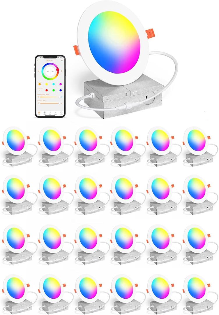 24Pack Smart Recessed Lighting 4 Inch RGBCW Color Changing 12W LED Downlight with Junction Box,1080 Lumen Recessed Ceiling Light Compatible with Alexa,Dimmable by Bluetooth Control