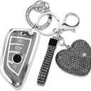 Key Fob Cover with Diamond Keychain, Car Key Shell for Women, Compatible with BMW X1 X2 X3 X5 X6 X7 GT and 2 5 6 7 Series Smart Remote Key Protector (3 Buttons-Black Heart)