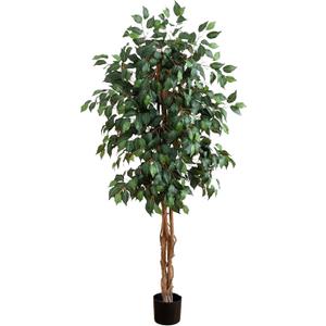 Nearly Natural 5ft Artificial Ficus Tree, Triple Trunk Faux Greenery with Natural Wood Trunks for Indoor Home Decor, with Black Nursery Pot