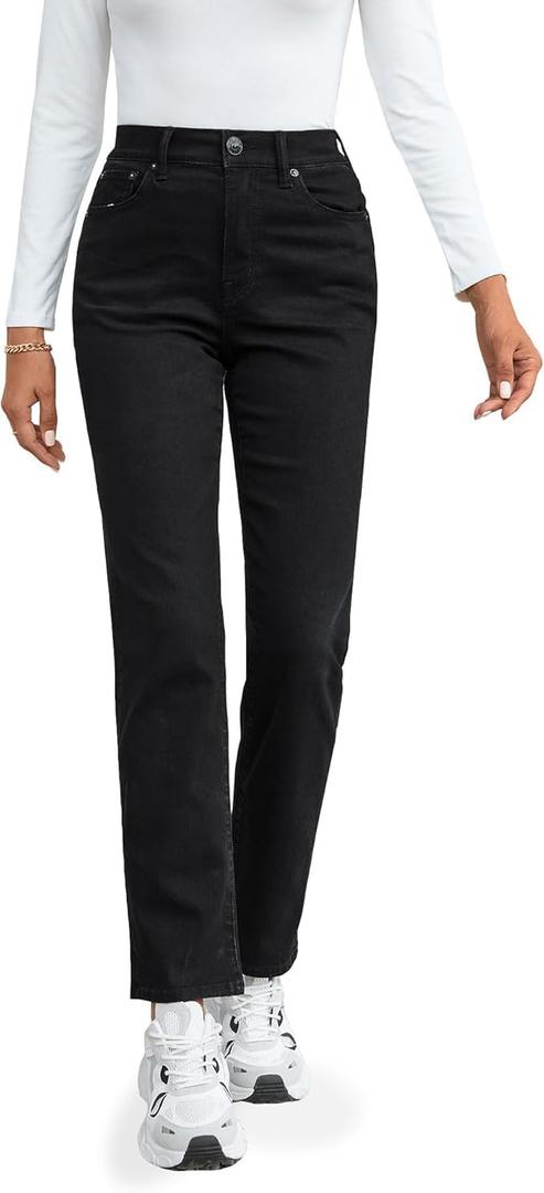 OFLUCK Straight Leg Mom Jeans for Women High Waisted Trendy Ankle Jeans Boyfriend Denim Tapered Leg Pants (Black)