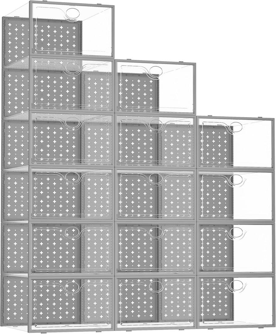 Pinkpum 15 Pack X-Large Shoe Storage Boxes Fit Size 11, Shoe Organizer for Closet Clear Plastic Stackable Shoe Dispaly Case Bins Holder, Sneaker Storage for Sneakerheads Grey