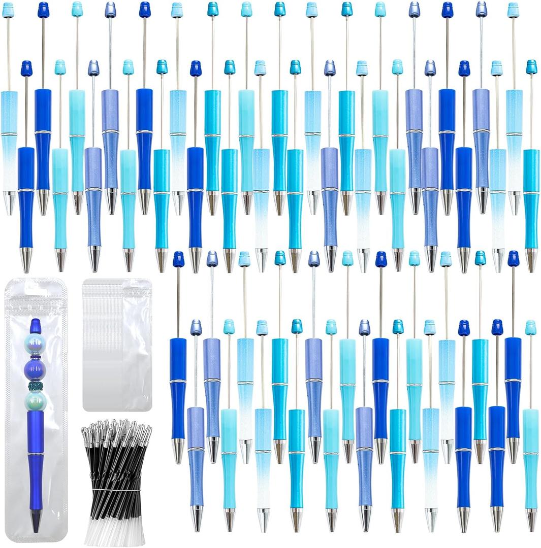 150 Pieces DIY Beadable Pen Kit  50 Plastic Ballpoint Pens with Refills & Bags  School Supplies, Office Accessories & Decorative Items for Students & Teachers (Blue)