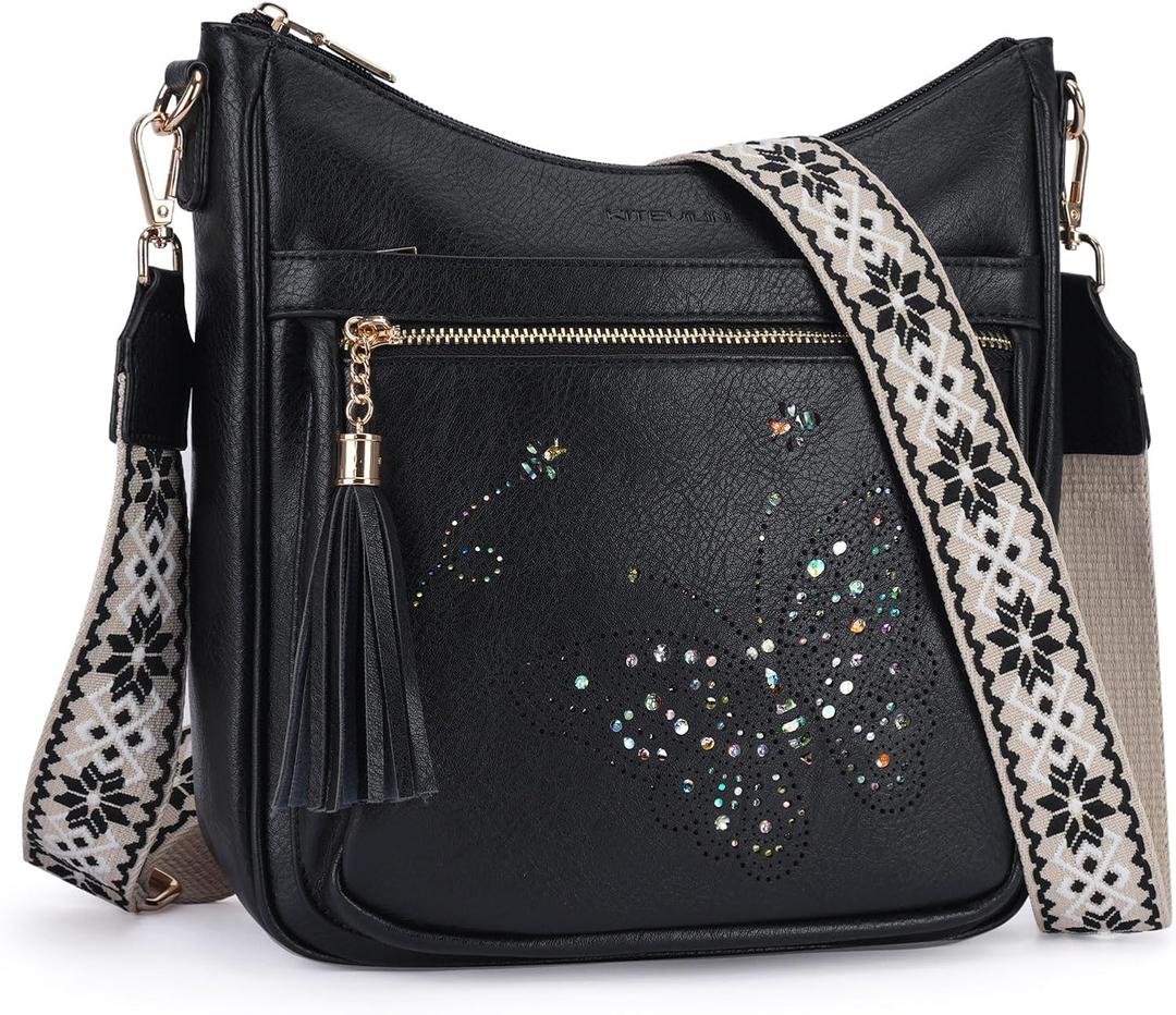 Medium Crossbody Bags for Women Trendy, Women's Butterfly Shoulder Handbags with Tassel (007-black)