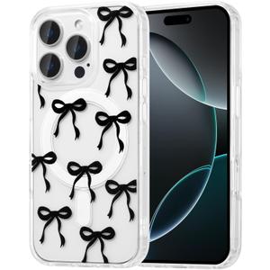 UEEBAI Magnetic for iPhone 16 Pro Case, Bow Case Compatible with MagSafe, Wireless Slim Clear Ribbon Aesthetic Phone Cover Anti-Yellowing Shockproof Protective Cover for Women Girl - Black