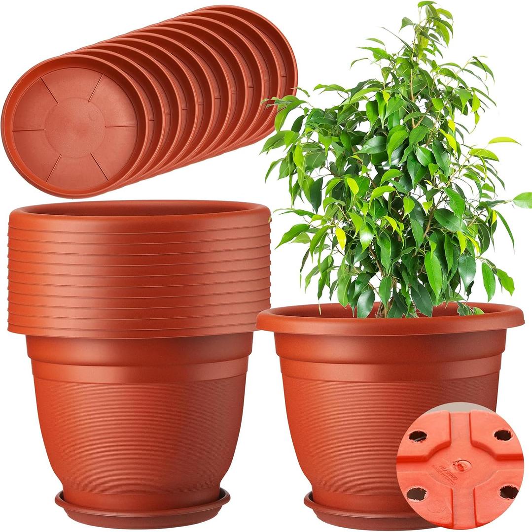 12 Pack Plastic Plant Pots Round Planter Pots with Saucer Tray Seedling Pot Hole Seed Resin Plant Pot Starting Nursery Flower Container with Pallet for Garden Outdoor Indoor(Brown, 12'')