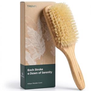 100% Boar Bristle Hair Brush - Soft Natural Bristle Wooden Paddle Brush for Fine Thin Hair, Distributes Scalp Oils for Smooth Shine, Solid Red Oak Handle for Women Men