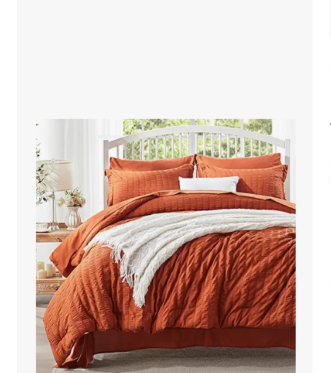 Zzlpp Queen Comforter Set 7 pieces, Burnt Orange Seersucker Bed in a Bag with Sheets, Lightweight Bedding Sets with 1 Comforter, 2 Pillow Shams, 2 Pillowcases, 1 Flat Sheet, 1 Fitted Sheet