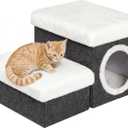 B FSOBEIIALEO Cat House Pet Stairs for Beds Sofa, Foldable Dog Steps 2-Tier With Storage Toy Box, Small Indoor Pet Steps Grey 15.7x12.6x12.6 Inches