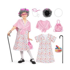 WooWee 100 Days of School Costume for Girls, Old Lady Costume for Kids, Granny Grandma Dress Up(Pink, 8-10 Y)