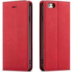 QLTYPRI Case for iPhone SE 2022 5G/SE 2020/8/7, Premium PU Leather Cover TPU Bumper with Card Holder Kickstand Magnetic Adsorption Flip Wallet Case- Red