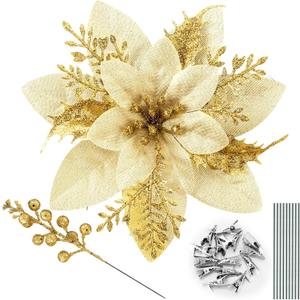 65pcs Gold Christmas Poinsettia Artificial 5.9", Glitter Berries with Stems, Clips for Christmas Tree Decoration, Wreath Ornaments for Xmas Wedding Party Decoration
