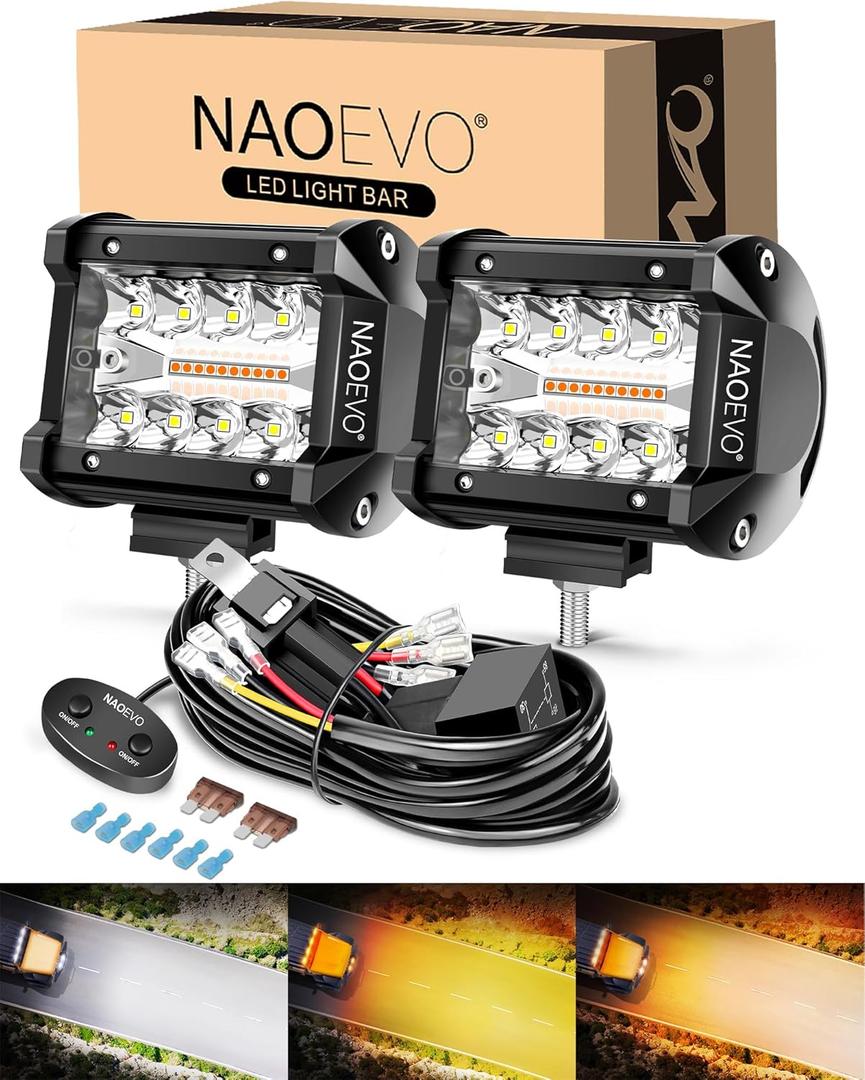 NAOEVO 4 Inch LED Pod Lights, Spot Flood LED Fog/Driving/Off Road Lights with 2 Leads Wiring Harness, Cube Pods for Truck Boat ATV UTV, 2pcs. (White/Amber/White&Amber)