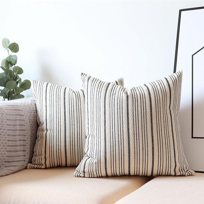 Black Pillow Covers Linen Farmhouse Throw Pillow Covers Outdoor Striped Decorative Square Throw Pillows for Couch Sofa Bed 18x18 in Pack of 2 Black and Cream