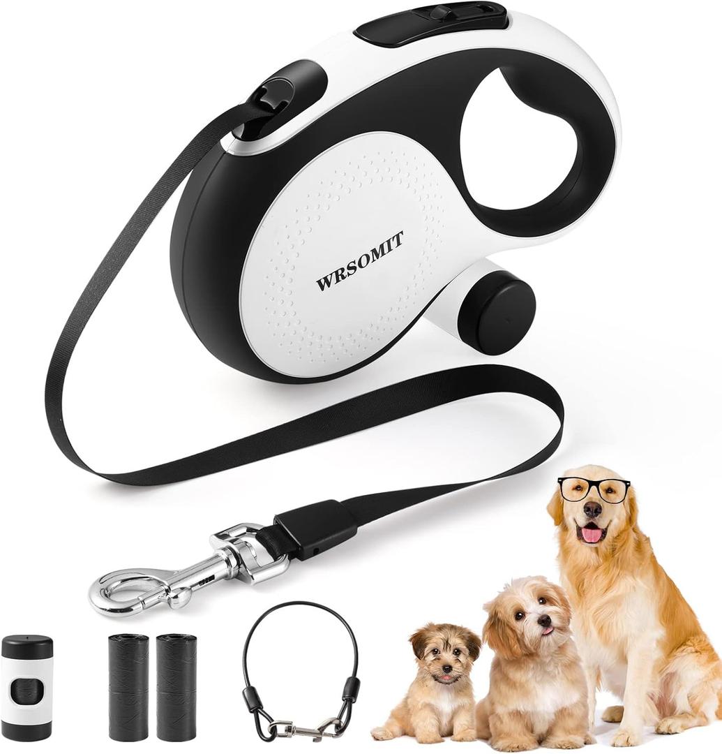 Retractable Dog Leash with Chew Proof Cable, 26Ft Heavy Duty Dog Leash for Medium Large Dogs up to 110lbs, 360 No Tangle, One-Handed Brake (White, Large - 26ft)