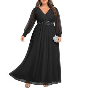 Pinup Fashion Women Plus Size Formal Dresses - Long Sleeve Evening Gown Applique Chiffon Maxi Dress, XL