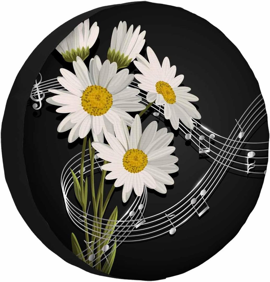 Music Notes and Daisy Spare Tire Cover White Floral Bouquet Plant Chamomile Clef Weatherproof Universal Wheel Protectors Camper Tire Covers for Trailer Rv Travel(17 inch) (17" fits tire cover diameter 31"-35")