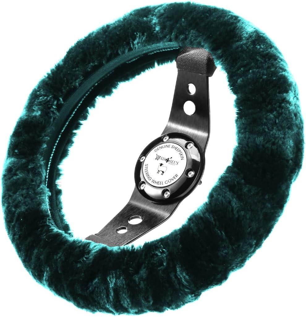 Andalus Brands Fluffy Wool Sheepskin Steering Wheel Cover, Soft & Fuzzy Plush, Universal Fit 14 1/2-15 1/2 Inch, Anti-Slip, Comfortable & Luxurious (Alpine Green)