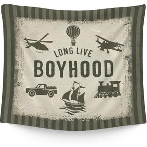 WAITPI Long Live Boyhood Cars Transport Vehicle Boat Plane Hanging Wall Tapestry for Boys Kids Room, Vintage Green Retro Wall Tapestries Decor for Toddler Room Dorm Playroom Nursery Classroom 50x60in (traffic)