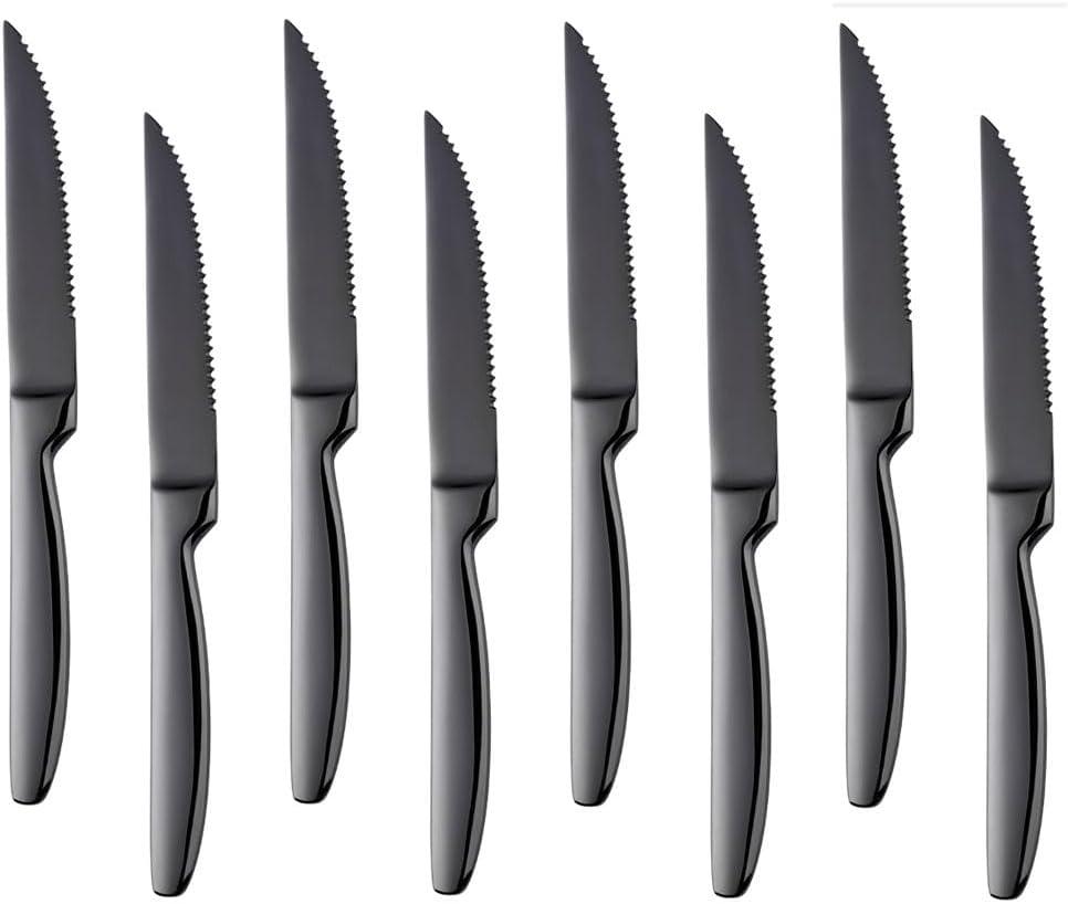 DOCBLACK Stainless Steel Steak Knives set of 8 Serrated Steak Knife Sets with Sharp Blade, 8.66 Inches(22 CM) Silverware Cutlery Table Knives for Steak (Black)