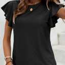 SHEWIN Womens Summer Tops Casual Crewneck Ruffle Short Sleeve T Shirts Hollow out Tunic Top Loose Fit (Black, S)