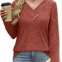 SAMPEEL Sweaters for Women Long Sleeve Shirts V Neck Tops with Buttons Fall Fashion Outfits Winter Clothing 2025