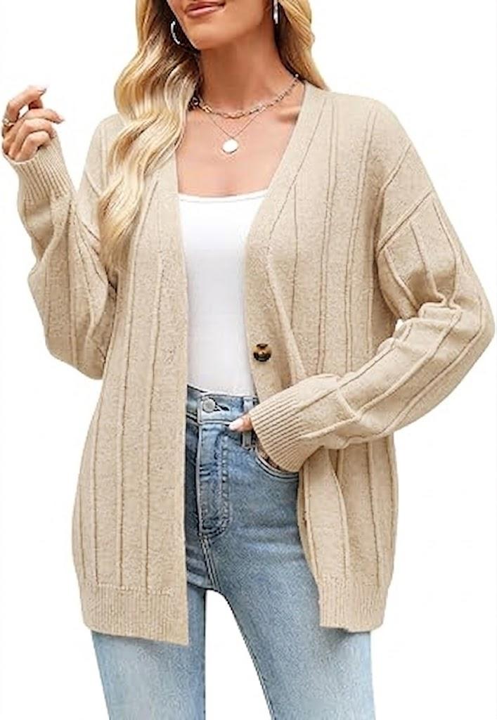 Cardigan Sweaters for Women 2025 Fall Long Sleeve V Neck Oversized Cardigans Button Down Open Front Knit Sweater Coat, Beige Small