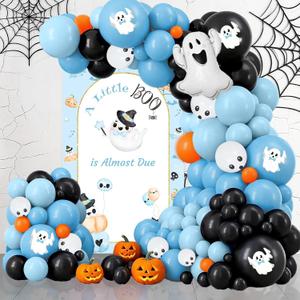 AIBIIN Halloween Little Boo Baby Shower Decorations for Boy A Little Boo is Almost Due Banner Blue and Black Balloons Set Blue Spider Web Party Decor Ghost Halloween Party Decorations