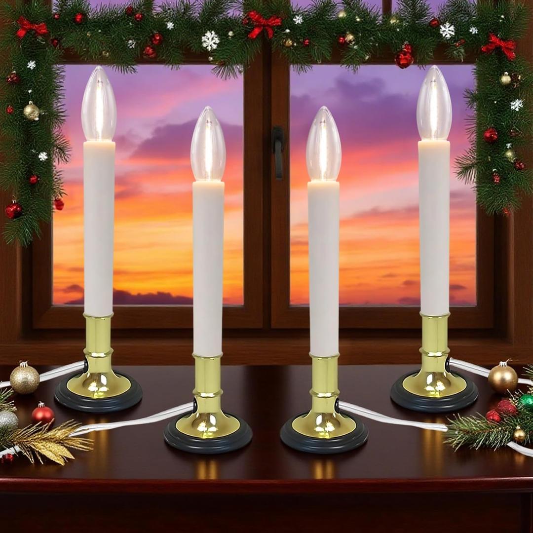Electric Window Candles with Timer Plug-in, 4Pack Flameless LED Christmas Candles for Windows Sill, Holiday Decorative Indoor Lights, Warm White