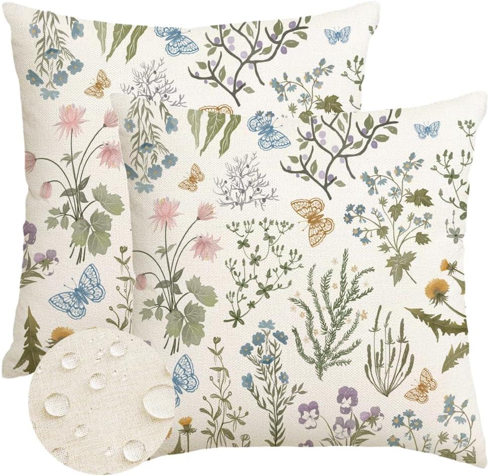 Outdoor Spring Pillow Covers 20x20 Inch Set of 2,Waterproof Daisy Throw Seasonal Floral Outdoor Decorative Square Linen Farmhouse Decor Cushion Covers for Home Sofa Bed Couch Pillow Covers