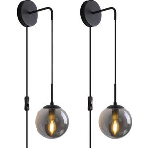 KUZZULL Wall Sconces Set of Two Matte Black Wall Lights for Bedroom Plug in Wall Sconces Set of 2 with Globe Smoke Grey Glass Shade Wall Lamp with Plug in Cord Sconces Wall Decor Set of 2 with Switch