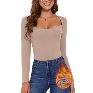 Women's Thermal Square Neck Long Sleeve Tops Basic Fitted Tops Square Neck Winter T Shirts Warm Base Layer Undershirts (2XL)