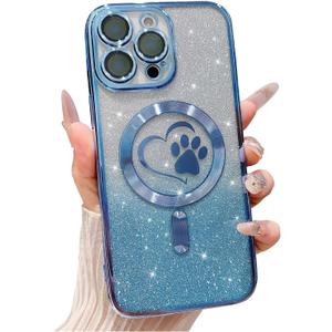 for iPhone 16 Pro Case, Glitter Clear Cute Paw Love Heart, Compatible with MagSafe, Strong Magnetic Full Camera Lens Protection Cover, Soft Slim Bling Phone Case 6.3" - Blue
