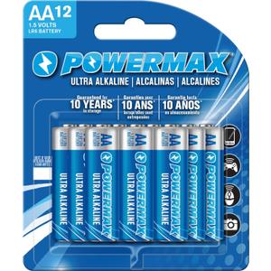 Powermax 12-Count Double AA Batteries, Ultra Long Lasting Alkaline Battery Blister Pack for Home and Office, 10-Year Shelf Life