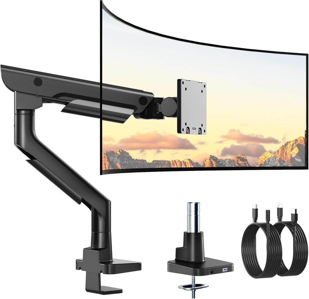 monTEK Sleek Aluminum Monitor Arm for 1757 Ultrawide Screens up to 59.4 lbs, USB 3.0 A/C, Heavy Duty Single Monitor Arm Desk Mount, Pneumatic Lift, Quick-Release Plate, Clamp/Grommet, VESA 100x100